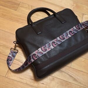 Ted Baker London Dark Brown Leather Briefcase with Patterned Strap